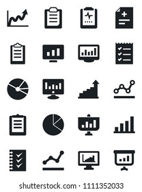 Set of vector isolated black icon - growth statistic vector, monitor, diagnosis, pulse clipboard, statistics, bar graph, pie, checklist, point, presentation