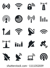 Set of vector isolated black icon - antenna vector, wireless notebook, radar, satellite, equalizer, mute, cellular signal, lock