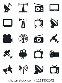 Set of vector isolated black icon - antenna vector, satellite, radio, loudspeaker, tv, video camera