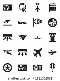 Set of vector isolated black icon - plane vector, airport tower, radar, departure, wind, helicopter, seat map, globe, air conditioner, fan, paper, balloon