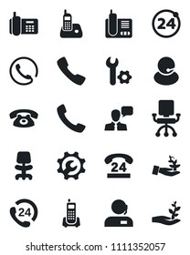 Set of vector isolated black icon - 24 around vector, office chair, phone, hours, support, speaker, radio, call, root setup, palm sprout