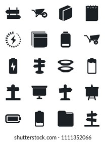 Set of vector isolated black icon - signpost vector, notepad, presentation board, wheelbarrow, battery, low, folder, charge, blank box, plates, guidepost