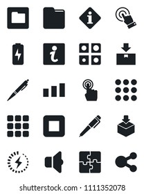 Set of vector isolated black icon - package vector, sorting, touch screen, stop button, menu, folder, charge, application, pen, sound, information, social media