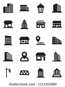 Set of vector isolated black icon - taxi vector, shop, office building, garden light, navigation, store, city house, cafe, storefront