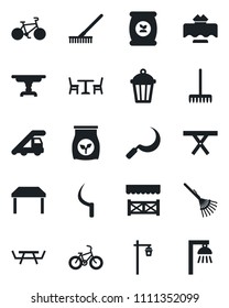 Set of vector isolated black icon - cafe vector, ladder car, rake, sickle, garden light, picnic table, fertilizer, bike, restaurant, alcove, outdoor lamp