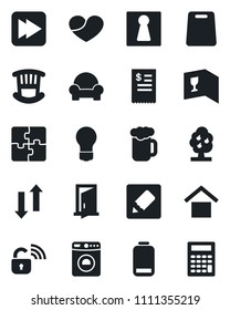 Set of vector isolated black icon - female vector, washer, bulb, warehouse storage, heart, low battery, fast forward, notes, data exchange, application, fruit tree, children room, wine card, beer