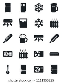 Set of vector isolated black icon - thermometer vector, heater, air conditioner, fridge, drink, beer, snowflake