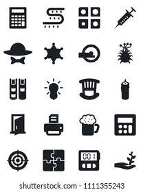 Set of vector isolated black icon - printer vector, drip irrigation, syringe, tomography, virus, calculator, stopwatch, application, target, book, children room, beer, candle, dress code, bulb, door