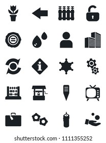 Set of vector isolated black icon - suitcase vector, left arrow, gear, abacus, stamp, flower in pot, well, plant label, tv, user, update, office building, lock, candle, water, radiator, police