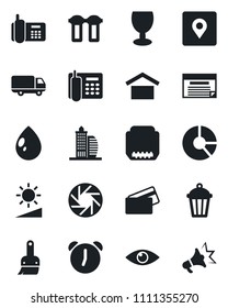 Set of vector isolated black icon - circle chart vector, water drop, garden light, eye, office phone, car delivery, fragile, warehouse storage, hdmi, mobile camera, themes, alarm, brightness, filter