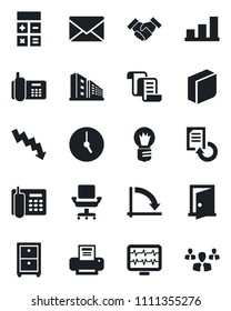 Set of vector isolated black icon - contract vector, mail, calculator, crisis graph, bulb, document reload, monitor pulse, office phone, clock, bar, chair, blank box, printer, archive, handshake