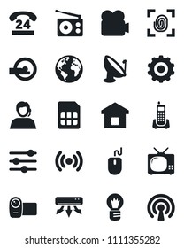 Set of vector isolated black icon - gear vector, mouse, bulb, tomography, earth, office phone, 24 hours, support, satellite antenna, radio, video camera, tuning, sim, air conditioner, tv, smart home