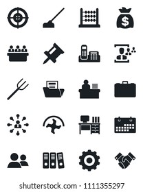 Set of vector isolated black icon - gear vector, hierarchy, case, desk, money bag, meeting, farm fork, ripper, hoe, group, calendar, drawing pin, document folder, hr, abacus, office phone, manager