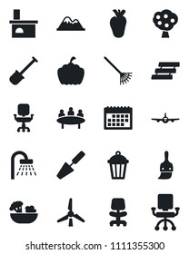 Set of vector isolated black icon - shower vector, plane, office chair, meeting, trowel, shovel, rake, pumpkin, garden light, fireplace, real heart, themes, calendar, paper tray, windmill, mountains