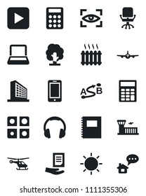Set of vector isolated black icon - plane vector, helicopter, airport building, mobile phone, office, chair, document, tree, sun, route, headphones, play button, application, copybook, calculator