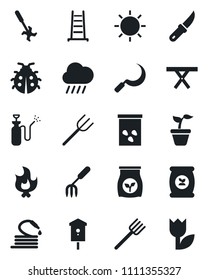 Set of vector isolated black icon - garden fork vector, farm, ladder, seedling, lady bug, fire, sun, rain, hose, sickle, knife, seeds, picnic table, bird house, sprayer, fertilizer, ripper, tulip