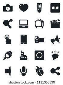 Set of vector isolated black icon - camera vector, brainstorm, clapboard, flame disk, speaker, loudspeaker, tv, video, microphone, remote control, cell phone, touch screen, laptop pc, radio, share