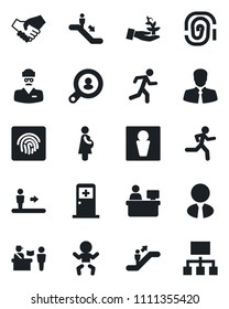 Set of vector isolated black icon - passport control vector, escalator, male, baby, medical room, manager place, run, doctor, pregnancy, client, fingerprint id, search, estate agent, palm sprout