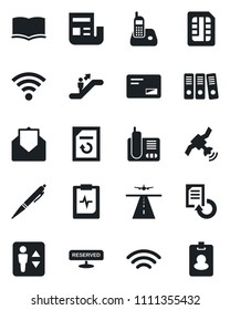 Set of vector isolated black icon - runway vector, elevator, escalator, book, document reload, pulse clipboard, satellite, radio phone, mail, sim, wireless, news, paper binder, pen, reserved