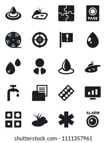 Set of vector isolated black icon - passport vector, statistic monitor, water drop, pond, pills blister, ambulance star, important flag, folder document, reel, application, target, supply, alarm led