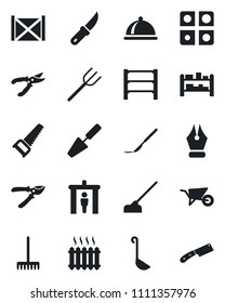 Set of vector isolated black icon - security gate vector, trowel, farm fork, rake, wheelbarrow, pruner, saw, hoe, garden knife, scalpel, container, rack, application, ink pen, heater, dish, ladle