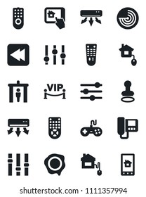 Set of vector isolated black icon - security gate vector, stamp, radar, gamepad, settings, remote control, rewind, tuning, air conditioner, vip zone, home, intercome, app