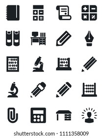 Set of vector isolated black icon - book vector, calculator, abacus, desk, notepad, pencil, contract, microscope, paper clip, ink pen, shining head