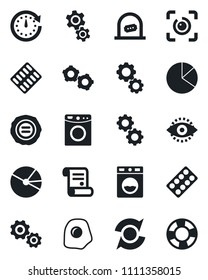 Set of vector isolated black icon - ticket office vector, gear, stamp, contract, pills blister, eye id, update, pie graph, omelette, washer, clock, crisis management