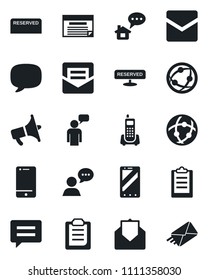 Set of vector isolated black icon - mobile phone vector, speaking man, office, loudspeaker, network, cell, speaker, mail, message, clipboard, reserved, home, schedule