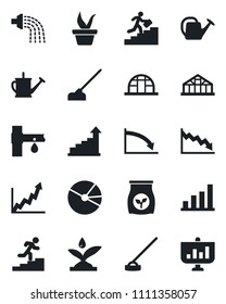 Set of vector isolated black icon - growth statistic vector, seedling, watering can, hoe, greenhouse, fertilizer, drip irrigation, bar graph, pie, career ladder, crisis, presentation
