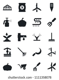 Set of vector isolated black icon - garden fork vector, rake, wheelbarrow, well, sickle, plant label, pumpkin, greenhouse, sprayer, fertilizer, drip irrigation, windmill