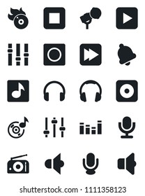 Set of vector isolated black icon - flame disk vector, microphone, radio, speaker, settings, equalizer, headphones, play button, stop, fast forward, rec, tuning, bell, record, music, sound