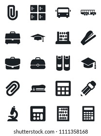 Set of vector isolated black icon - airport bus vector, checkroom, book, graduate, abacus, microscope, calculator, case, paper clip, pencil, stapler