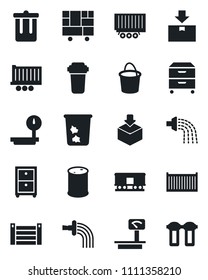 Set of vector isolated black icon - trash bin vector, bucket, watering, truck trailer, cargo container, consolidated, package, oil barrel, heavy scales, railroad, archive box, water filter