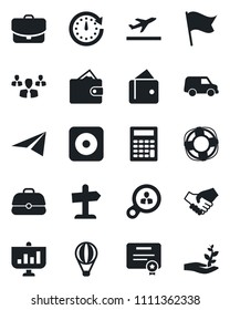 Set of vector isolated black icon - departure vector, rec button, consumer search, group, handshake, wallet, clock, flag, case, calculator, car, paper plane, crisis management, certificate