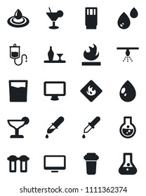 Set of vector isolated black icon - water drop vector, dropper, flammable, monitor, alcohol, drink, cocktail, filter, sprinkler, flask