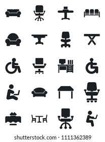 Set of vector isolated black icon - cafe vector, waiting area, disabled, office chair, desk, picnic table, cushioned furniture, restaurant, man with notebook