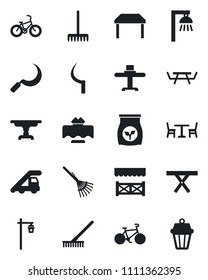 Set of vector isolated black icon - cafe vector, ladder car, rake, sickle, garden light, picnic table, fertilizer, bike, restaurant, alcove, outdoor lamp