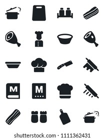 Set of vector isolated black icon - cook vector, hat, menu, bacon, salt and pepper, ham, bowl, rolling pin, cutting board, knife, steaming pan