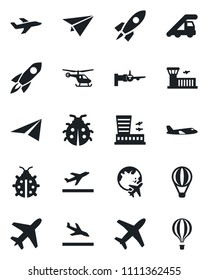 Set of vector isolated black icon - plane vector, departure, arrival, ladder car, boarding, helicopter, globe, airport building, lady bug, rocket, paper, air balloon