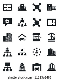 Set of vector isolated black icon - hierarchy vector, well, molecule, hospital, office building, garage, plan, home message