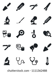 Set of vector isolated black icon - trowel vector, pruner, saw, stethoscope, blood pressure, thermometer, heart diagnostic, microscope, scalpel, microphone