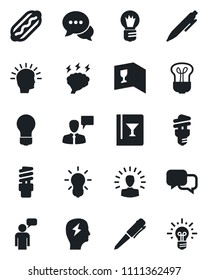 Set of vector isolated black icon - speaking man vector, pen, brainstorm, bulb, dialog, wine card, hot dog, energy saving, shining head, idea