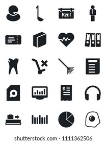 Set of vector isolated black icon - baggage conveyor vector, ticket, manager, document, rake, heart pulse, caries, support, no trolley, barcode, headphones, monitor statistics, pie graph, search