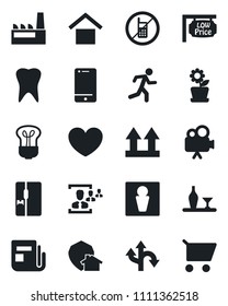 Set of vector isolated black icon - no mobile vector, male, heart, run, tooth, route, warehouse storage, up side sign, news, video camera, cell phone, hr, low price signboard, fridge, flower in pot