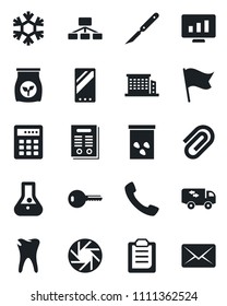 Set of vector isolated black icon - statistic monitor vector, seeds, fertilizer, scalpel, caries, mobile, call, camera, clipboard, paper clip, contract, office building, key, moving, snowflake, flag