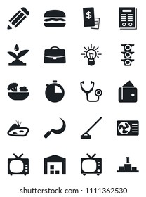 Set of vector isolated black icon - tv vector, pencil, hoe, sickle, stethoscope, traffic light, stopwatch, case, contract, pond, warehouse, salad, restaurant receipt, hamburger, irrigation, wallet