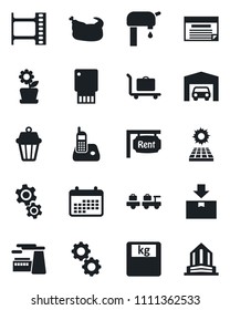 Set of vector isolated black icon - baggage trolley vector, larry, factory, scales, package, film frame, radio phone, sun panel, water supply, garage, rent, flower in pot, chicken, gear, usb flash