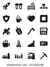 Set of vector isolated black icon - ticket vector, growth statistic, coffee, factory, axe, heart shield, satellite, office phone, flame disk, equalizer, stop button, stopwatch, children room, rocket
