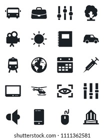 Set of vector isolated black icon - airport bus vector, train, helicopter, case, mouse, tree, sun, syringe, earth, speaker, settings, tv, video camera, cell phone, calendar, copybook, eye scan, car